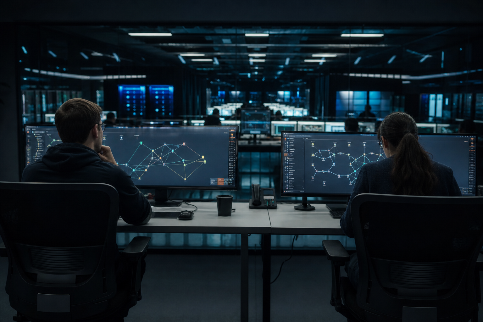 Service operations room at night, dual monitors
